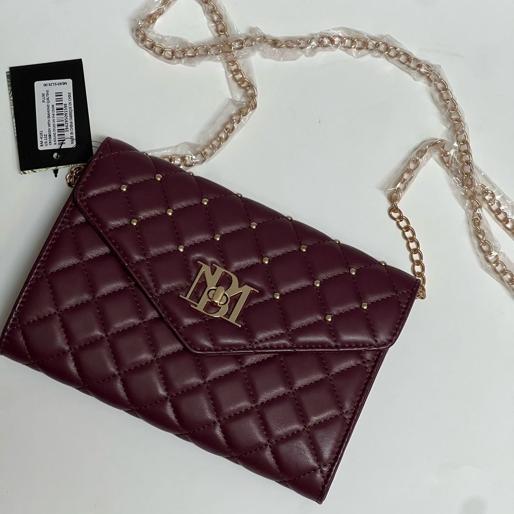 Badgley Mischka Wine/Burgundy Vegan Leather Quilted Crossbody Bag w/ Chain Strap